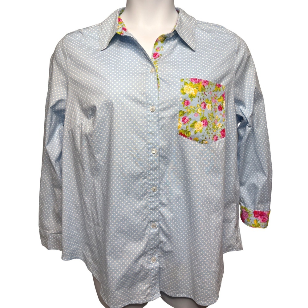 SUSAN GRAVER Womens Blue Floral Polka Dot Button Down Shirt 18W Cottagecore Chic